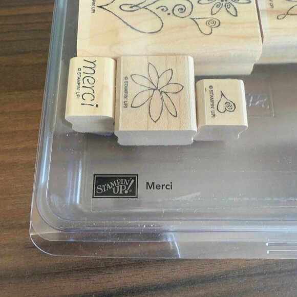 Stampin Up! Merci Butterfly & Flower Rubber Stamp Set Of 5 With Wooden Blocks Cr - Picture 3 of 9